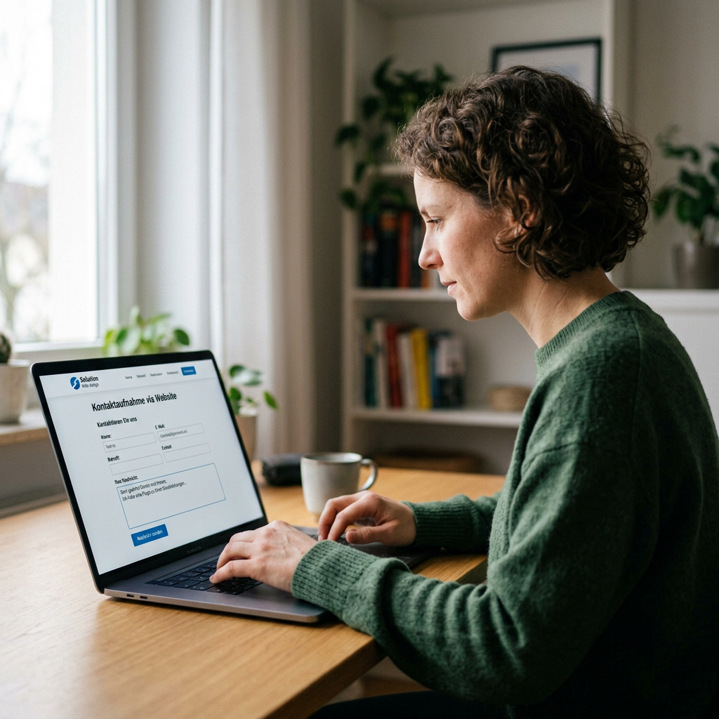 Woman typing on laptop with an online contact form displayed