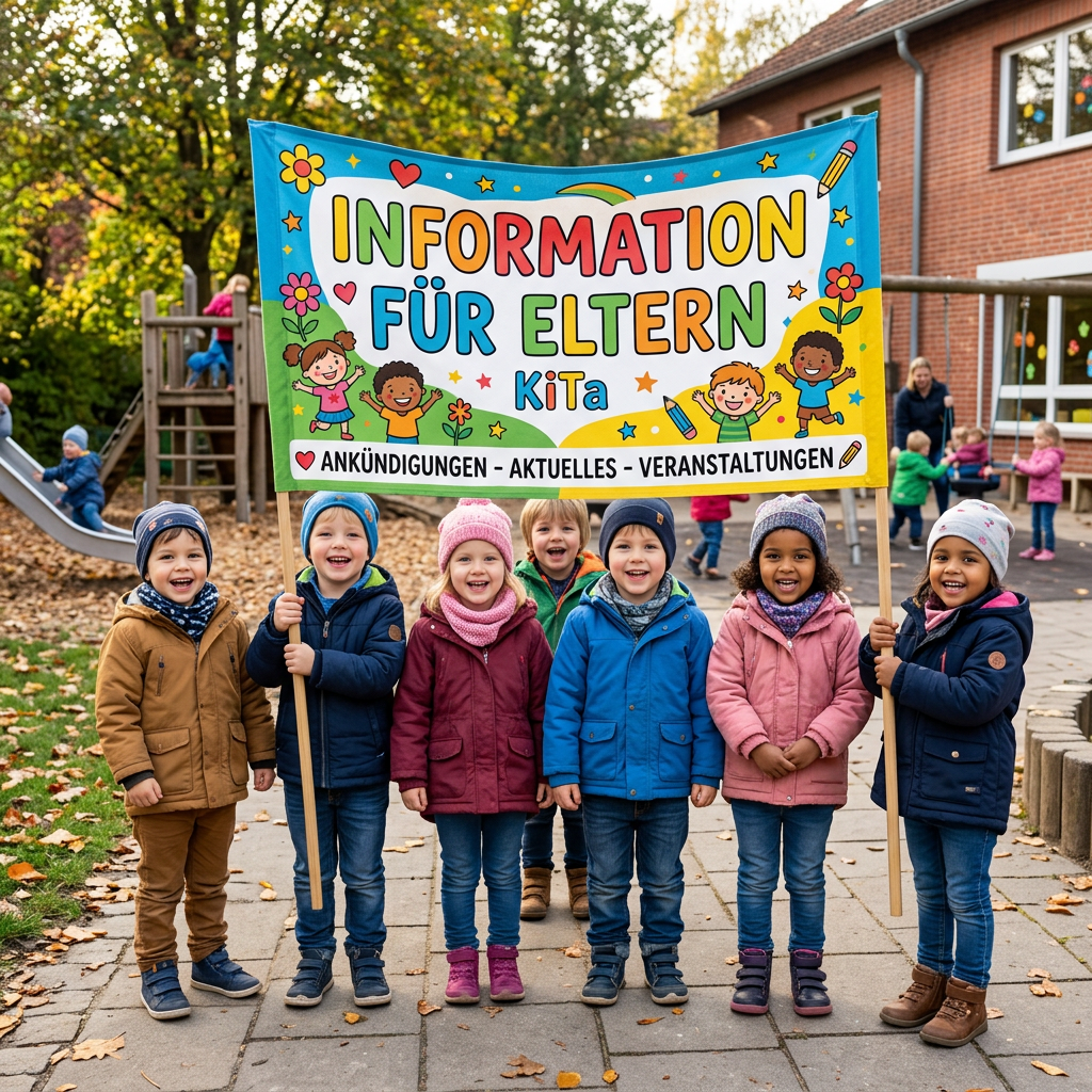 Seven children standing outdoors holding a banner with German text about parents' information at daycare.